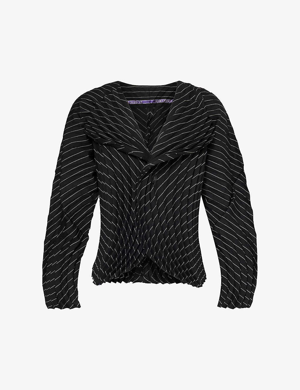 Issey Miyake Curved Pleated Pinstriped Wool-blend Jacket in Black 