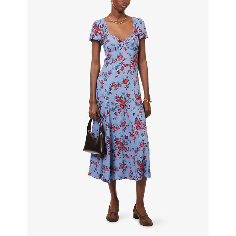 reformation afton short-sleeve a-line midi dress Reformation Afton Floral-Print Woven Midi Dress in Blue