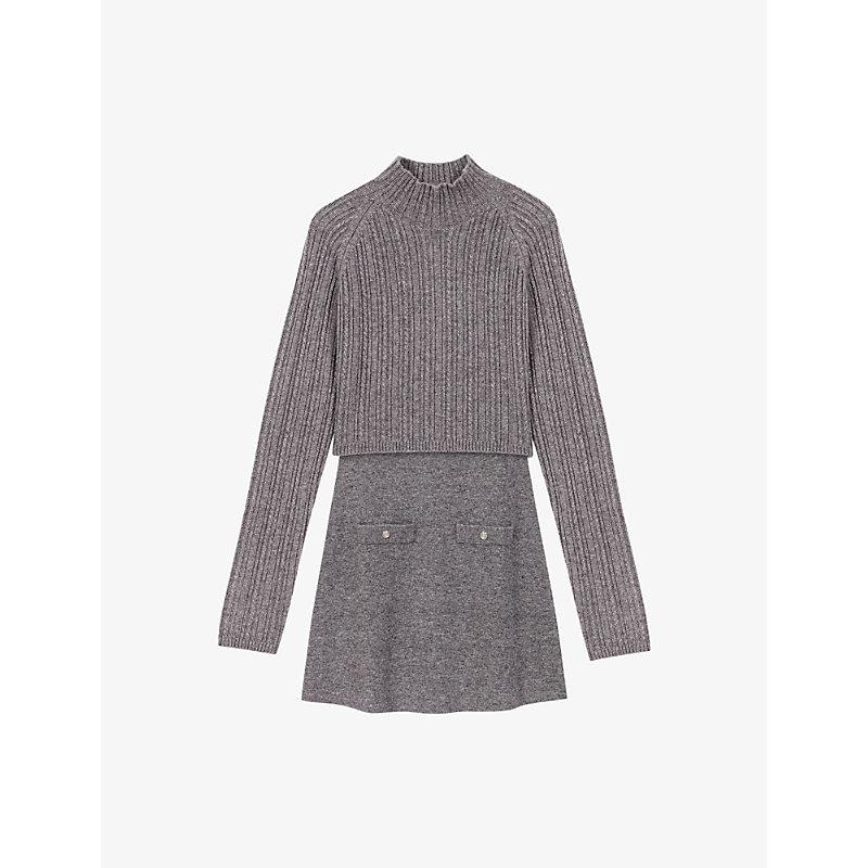 maje knit dress with removable jumper Maje Removable Jumper Ribbed Wool-Blend Knitted Dress in Gray