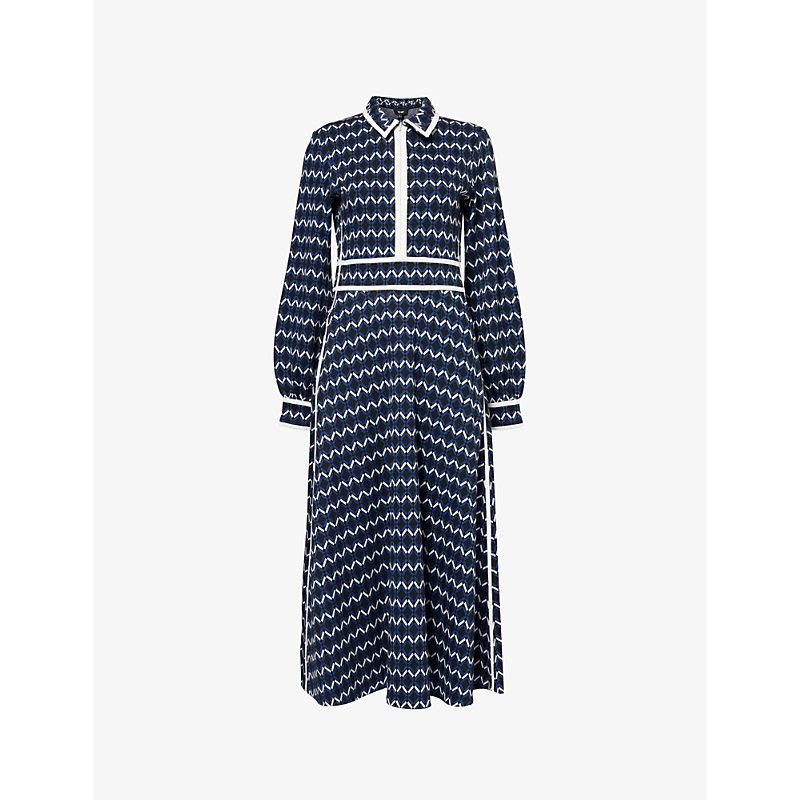 ME+EM Geometric-Pattern Jacquard Stretch-Jersey Midi Dress in Blue 