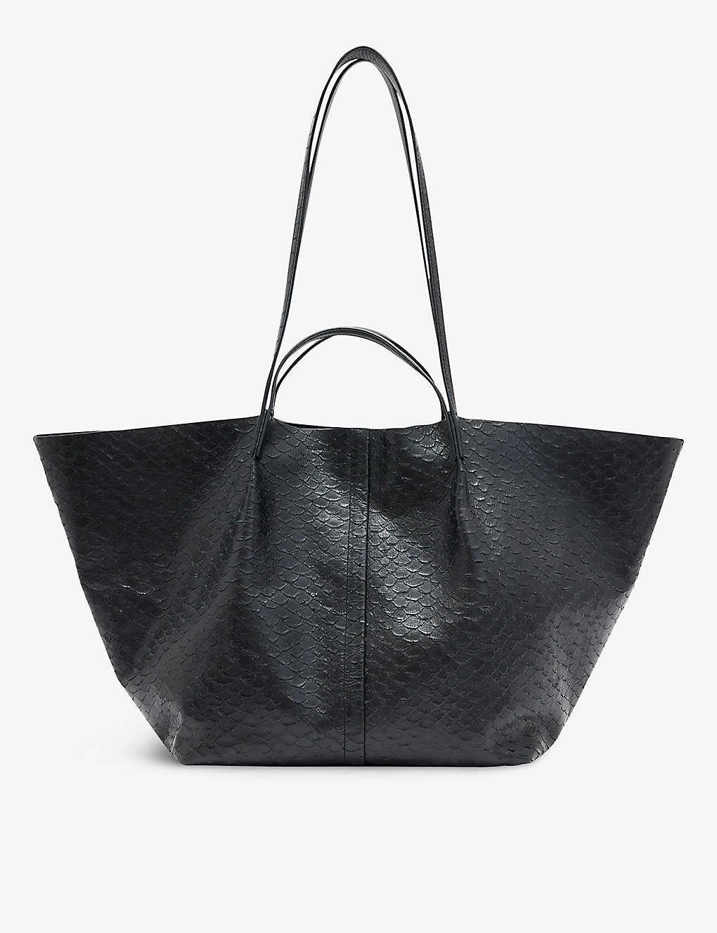AllSaints Hannah Python-effect Leather Tote Bag in Black | Lyst