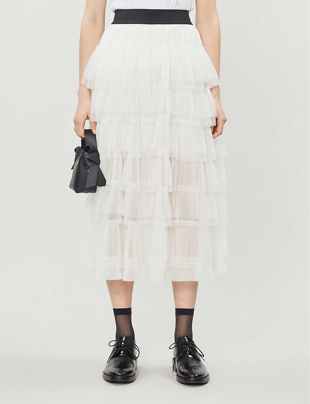 Maje Tiered Ruffle Mesh Midi Skirt in White | Lyst