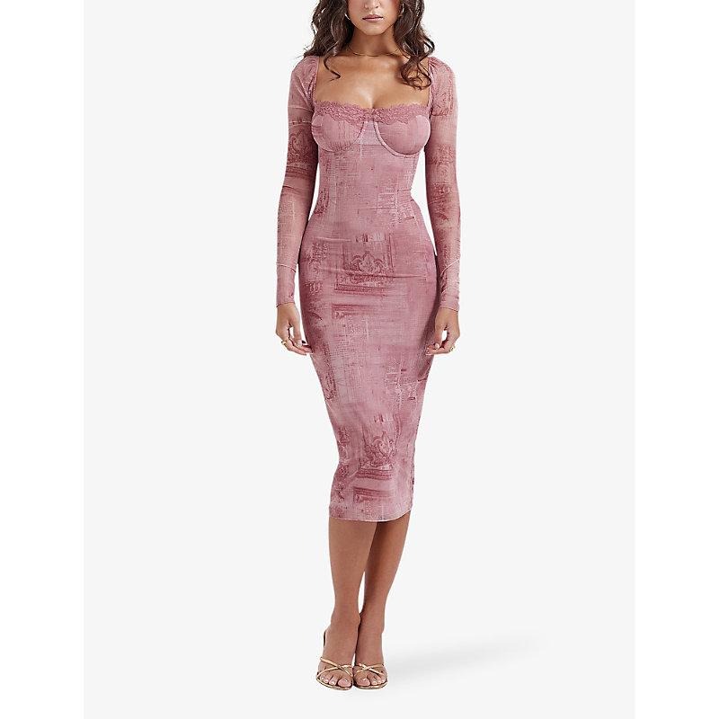 House Of Cb Print Seraphina Lace-Trim Stretch-Mesh Midi Dress in