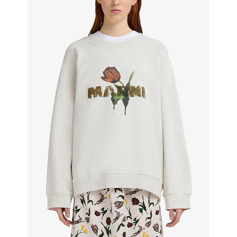 ★MARNI★ Floral Printing Logo Sweatshirt Natural White FUMU White cotton hoodie with flower prints | Marni