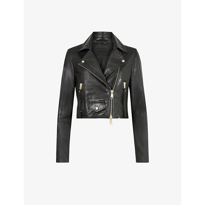 Women's Biker Leather Jacket Black Gold Zipper