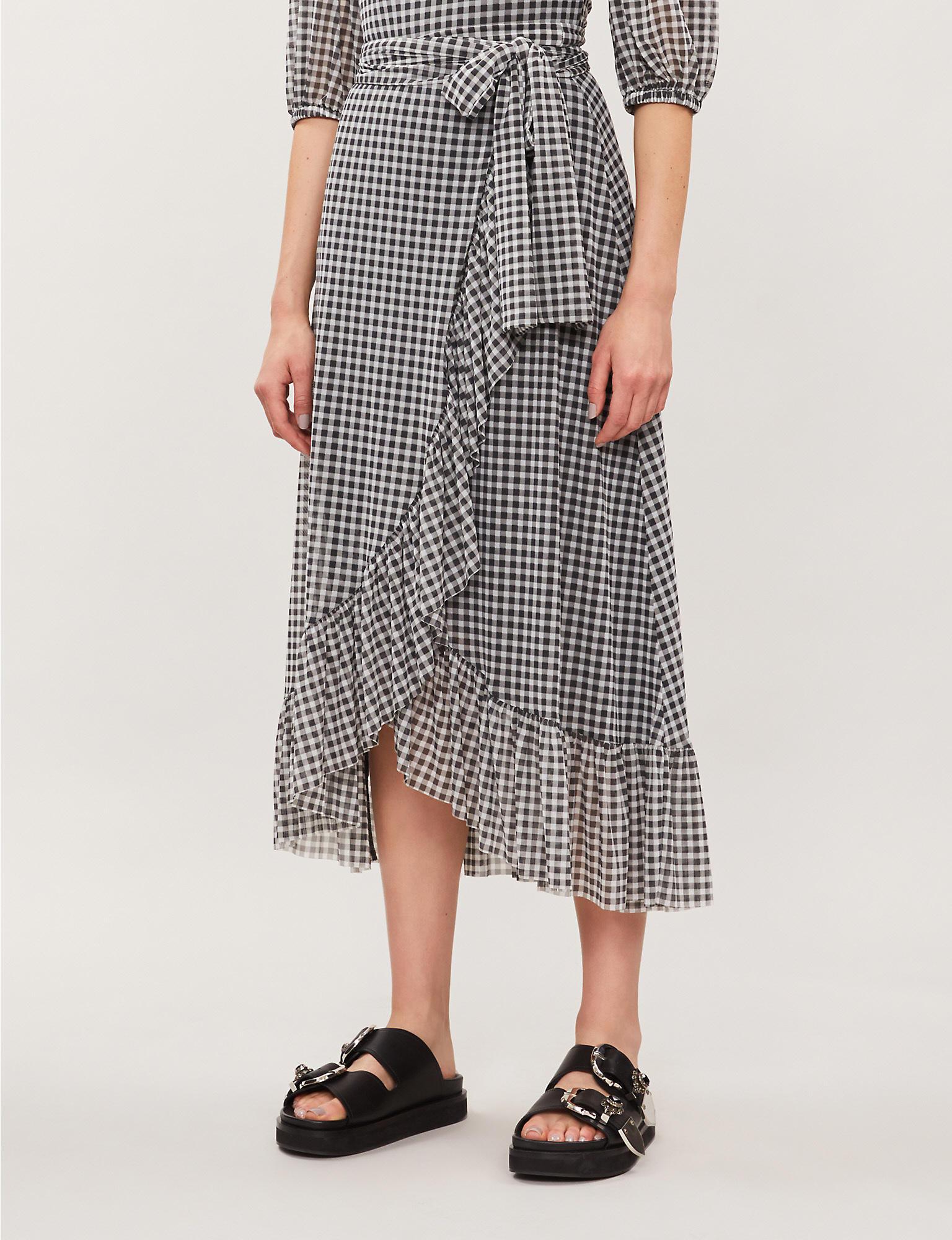 Ganni Synthetic Gingham Crepe Wrap Skirt in Black - Lyst
