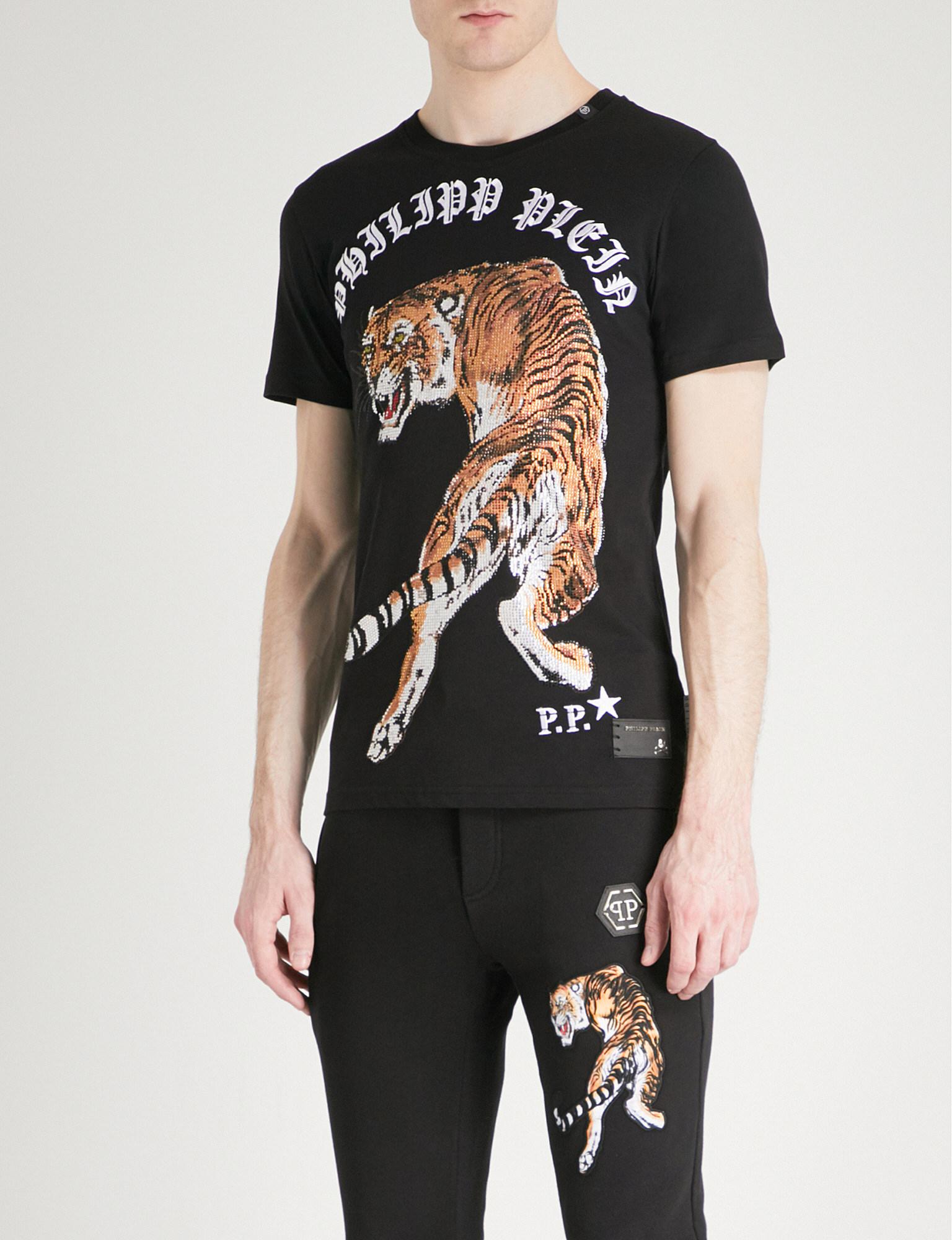 wine Store conversion Philipp Plein Crystal-embellished Tiger-print Cotton-jersey T-shirt in  Black for Men | Lyst