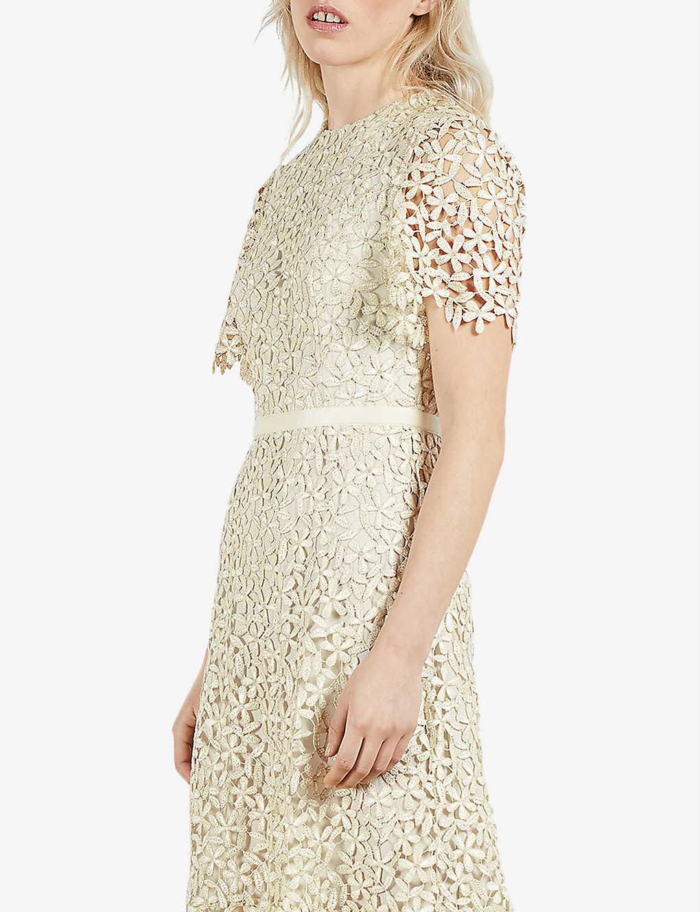 Ted Baker Womens Natural Aldorra Lace-trimmed Woven Midi Dress 10 | Lyst