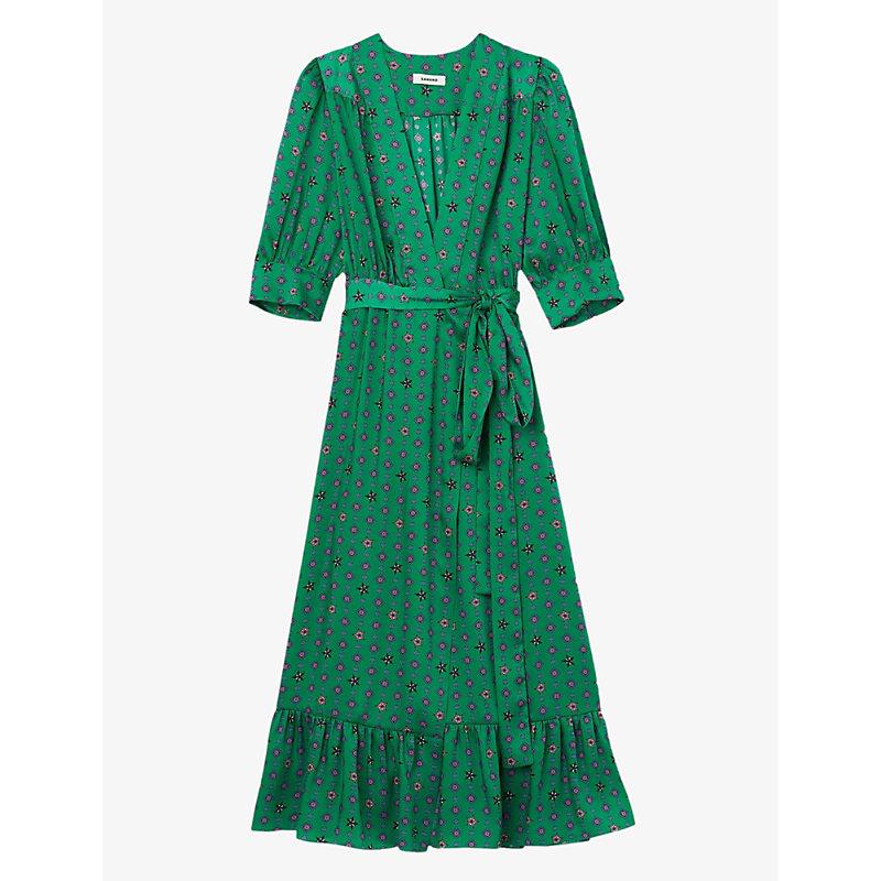 Sandro Enrika Graphic-print Silk Midi Dress in Green | Lyst