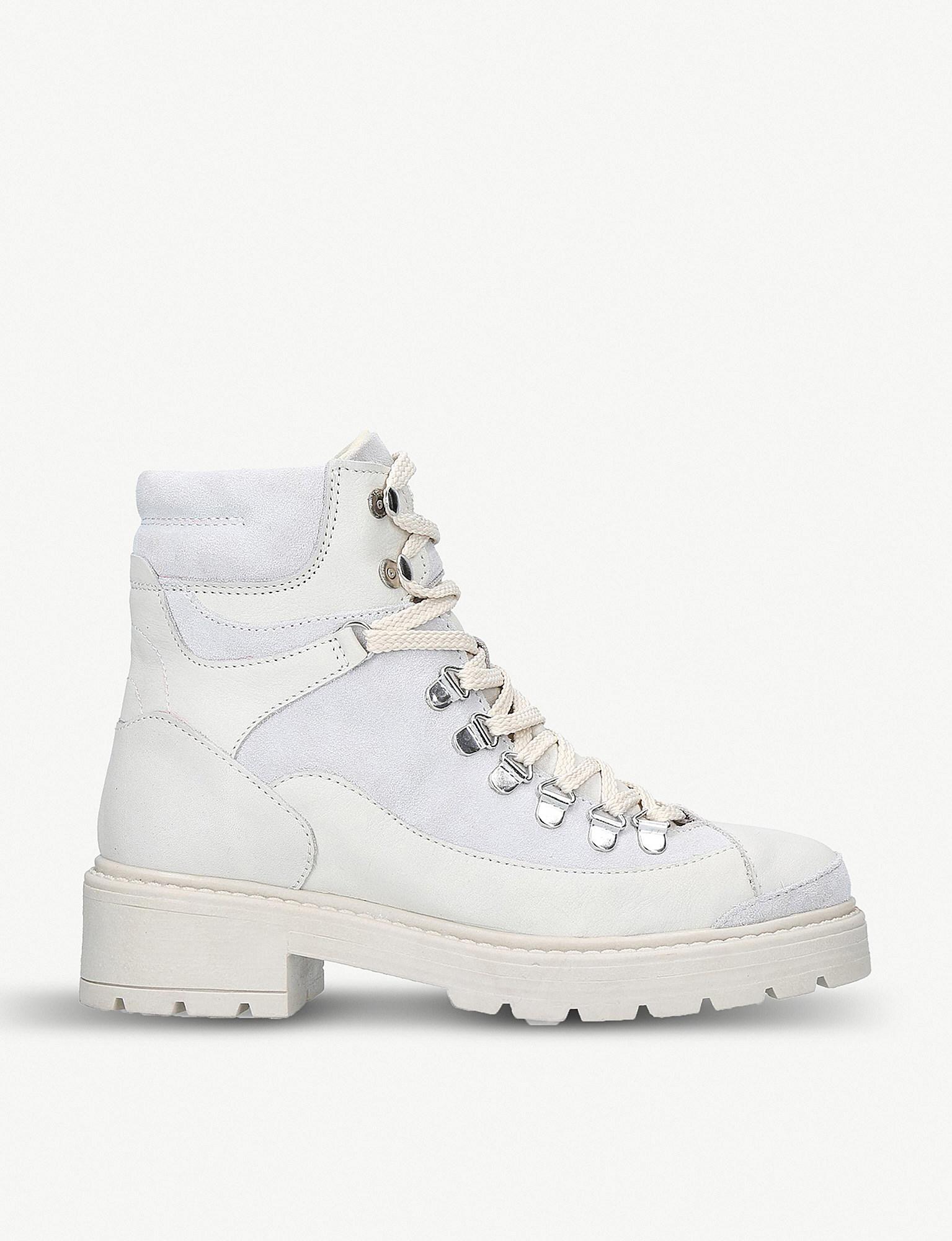 Leather Block Heel Biker Boots in White 