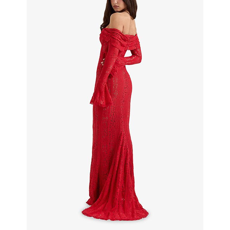 House Of Cb Belle Off-Shoulder Lace Maxi Dress in Red | Lyst UK