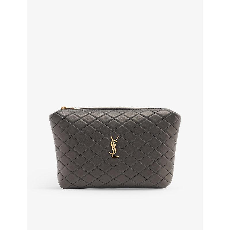 Saint Laurent Gaby Monogram-plaque Quilted-leather Pouch in Gray