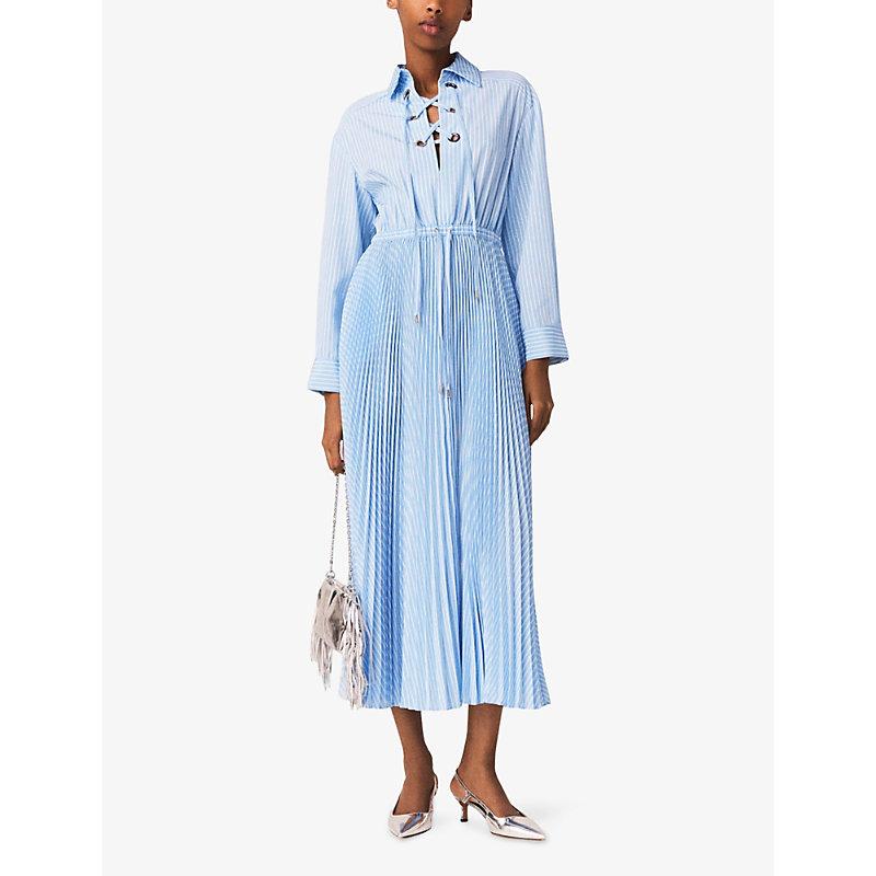 woven pleated maxi dress Pleated Back Smocked Waist Stripe Woven Maxi Dress Large / Blue