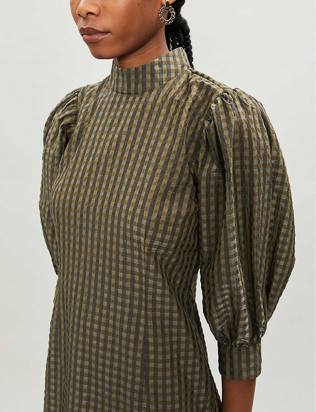 Ganni Seersucker Gingham Woven Mini Dress in Green | Lyst