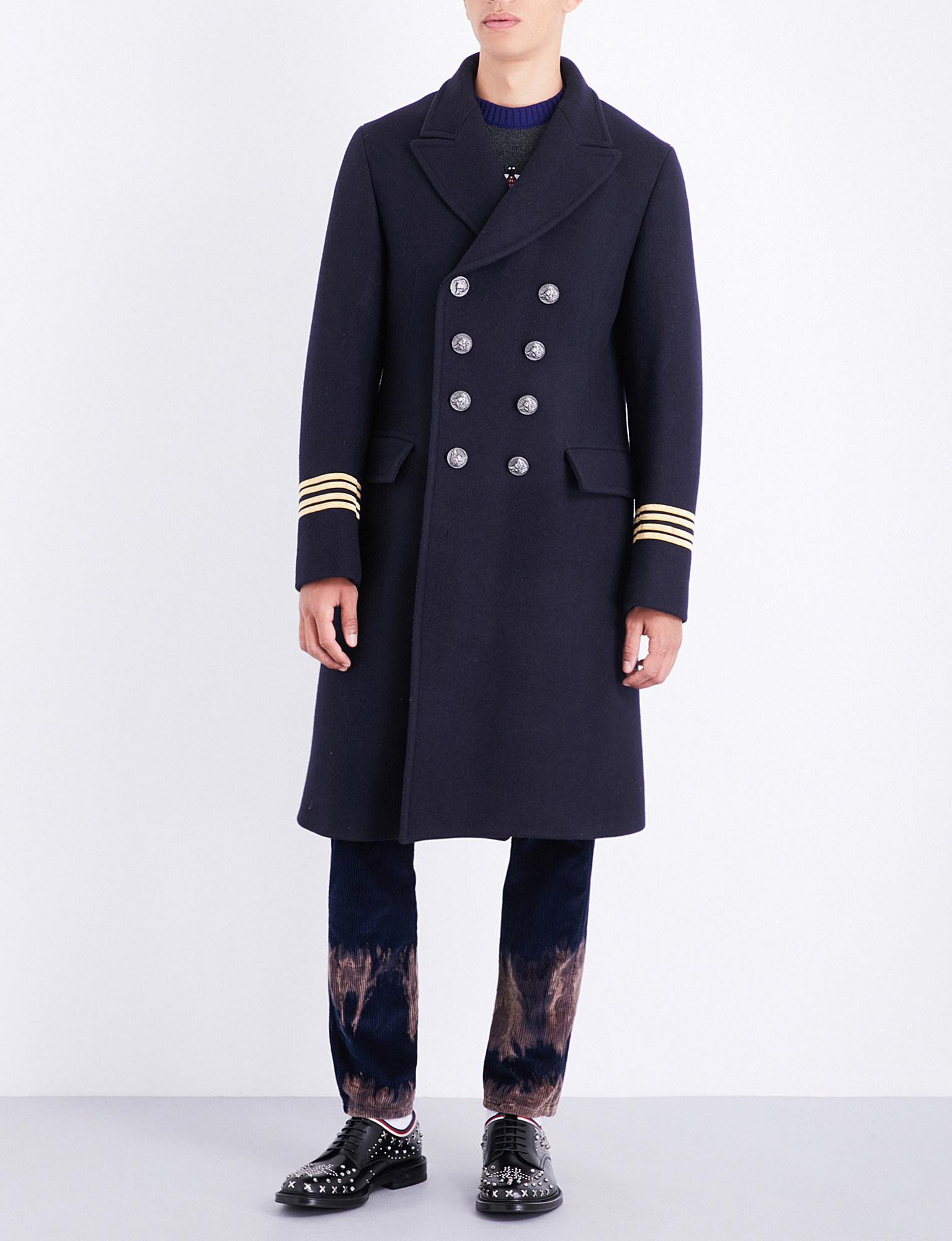 Gucci Embroidered Wool Coat in Navy 