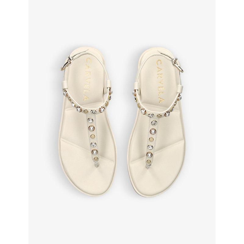 Carvela Kurt Geiger Precious T-bar Pearl-embellished Leather Sandals in  White | Lyst