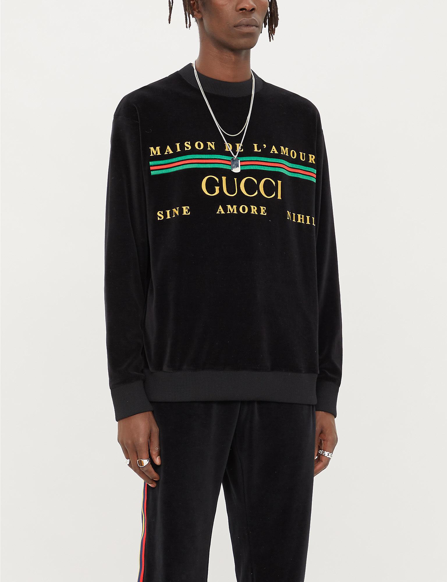 Gucci Cotton Text-embroidered Velour Sweatshirt Black for - Lyst