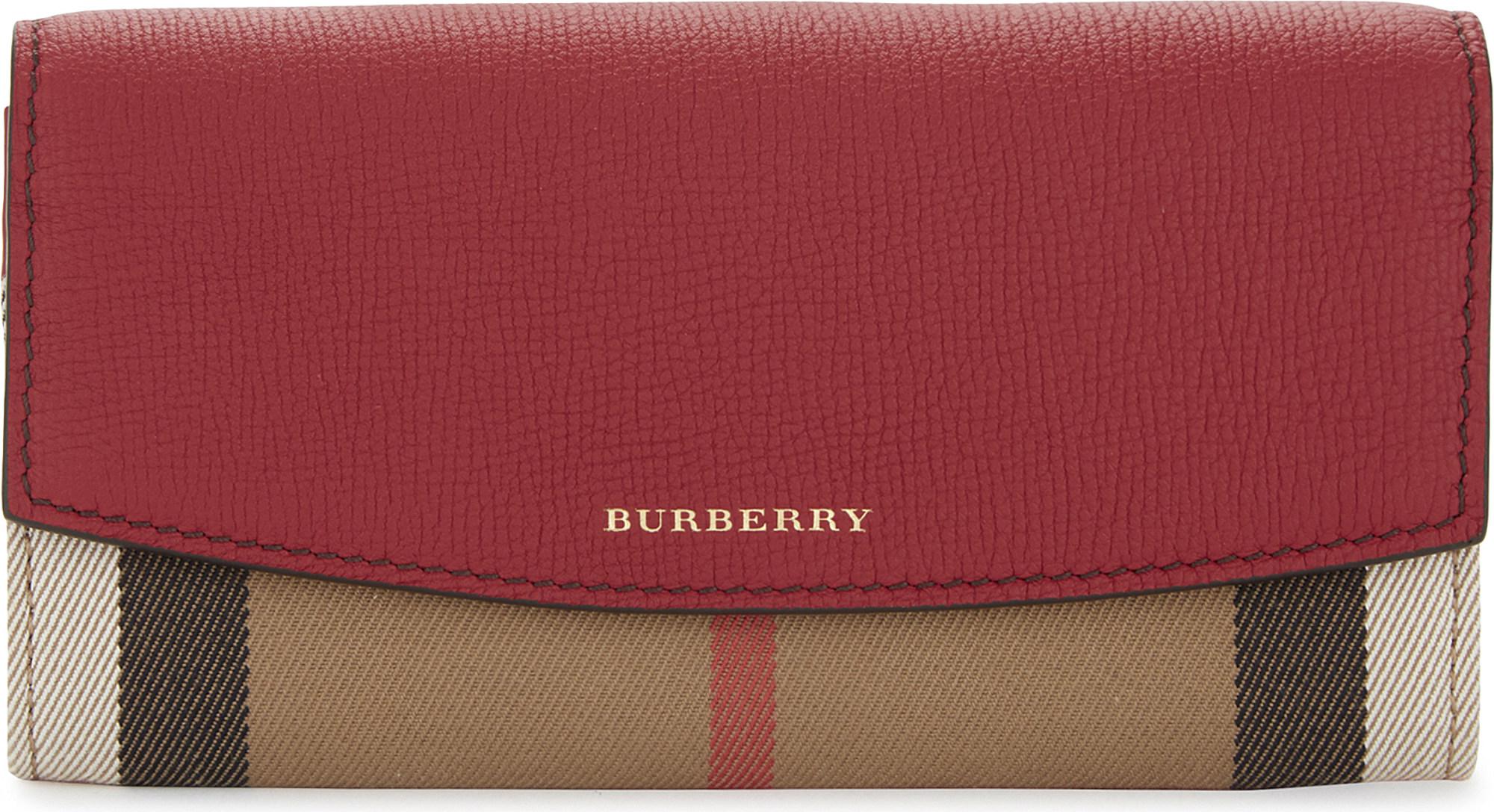 Burberry Porter House Check Leather Wallet in Red | Lyst