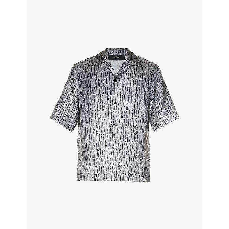 Amiri Grad Brand-print Boxy-fit Silk Bowling Shirt in Gray for Men | Lyst