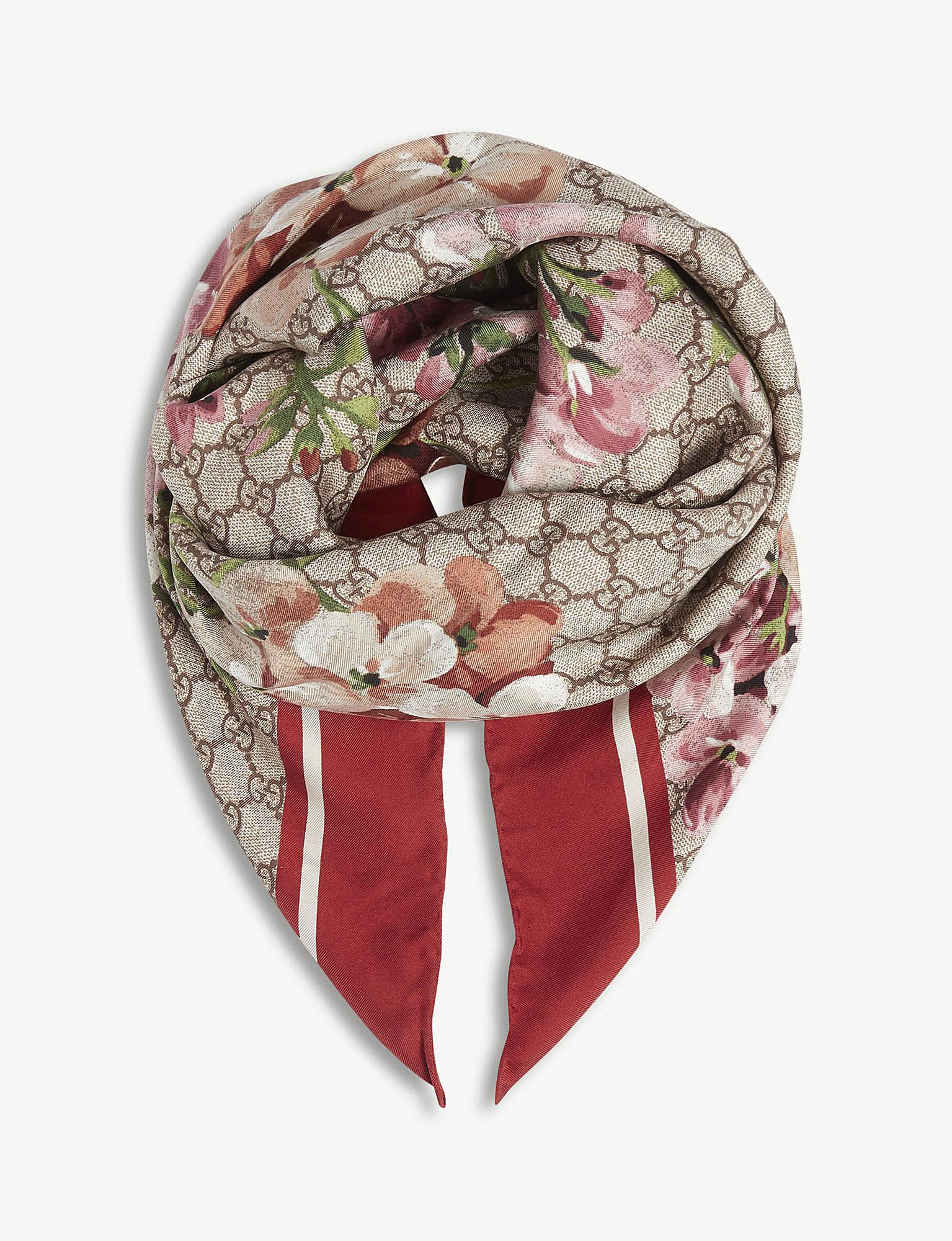 Gucci Floral Silk Scarf in Red | Lyst