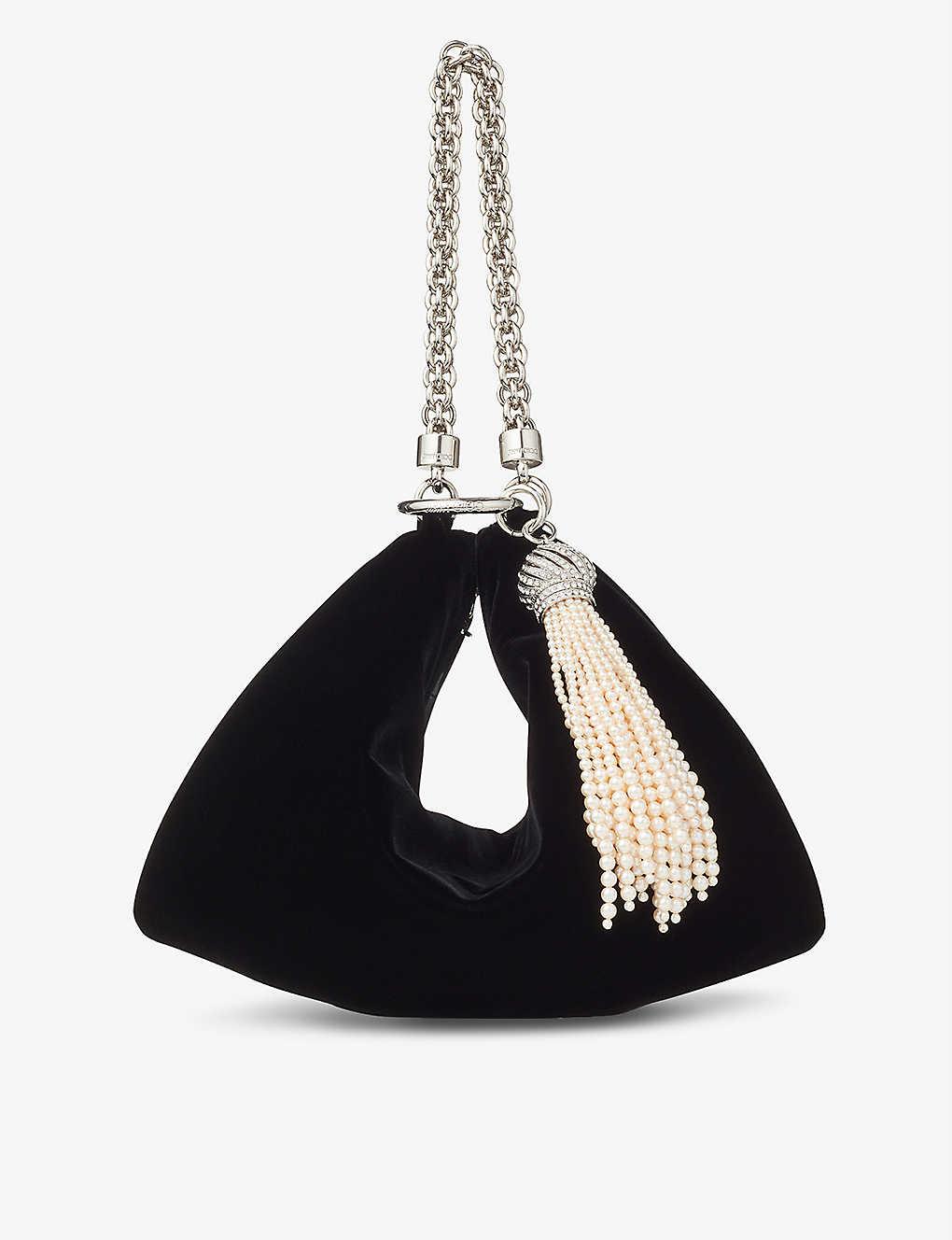 Black Velvet Mini Cloud Bag Bag with Pearl Chain