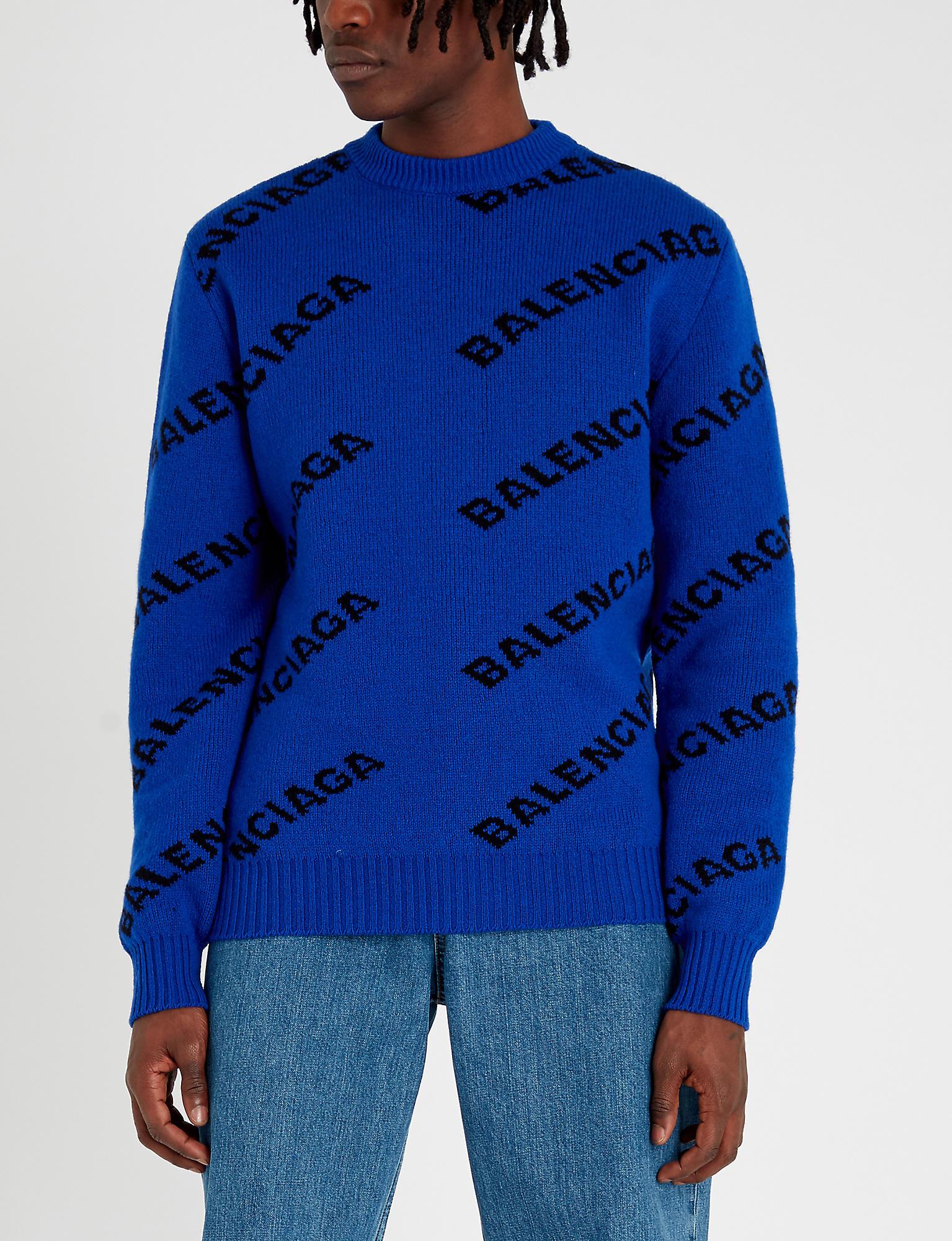 Balenciaga Logo Intarsia Wool Sweater in Electric Blue/Black (Blue) for Men  - Lyst