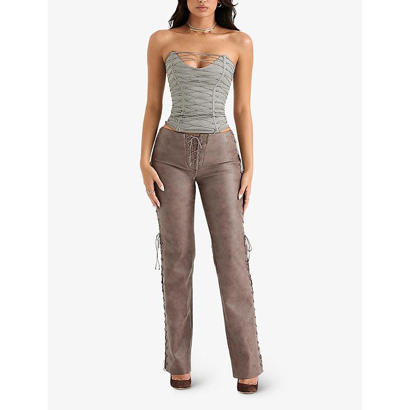 House Of Cb Drew Lace-up Faux-leather Trousers in Gray