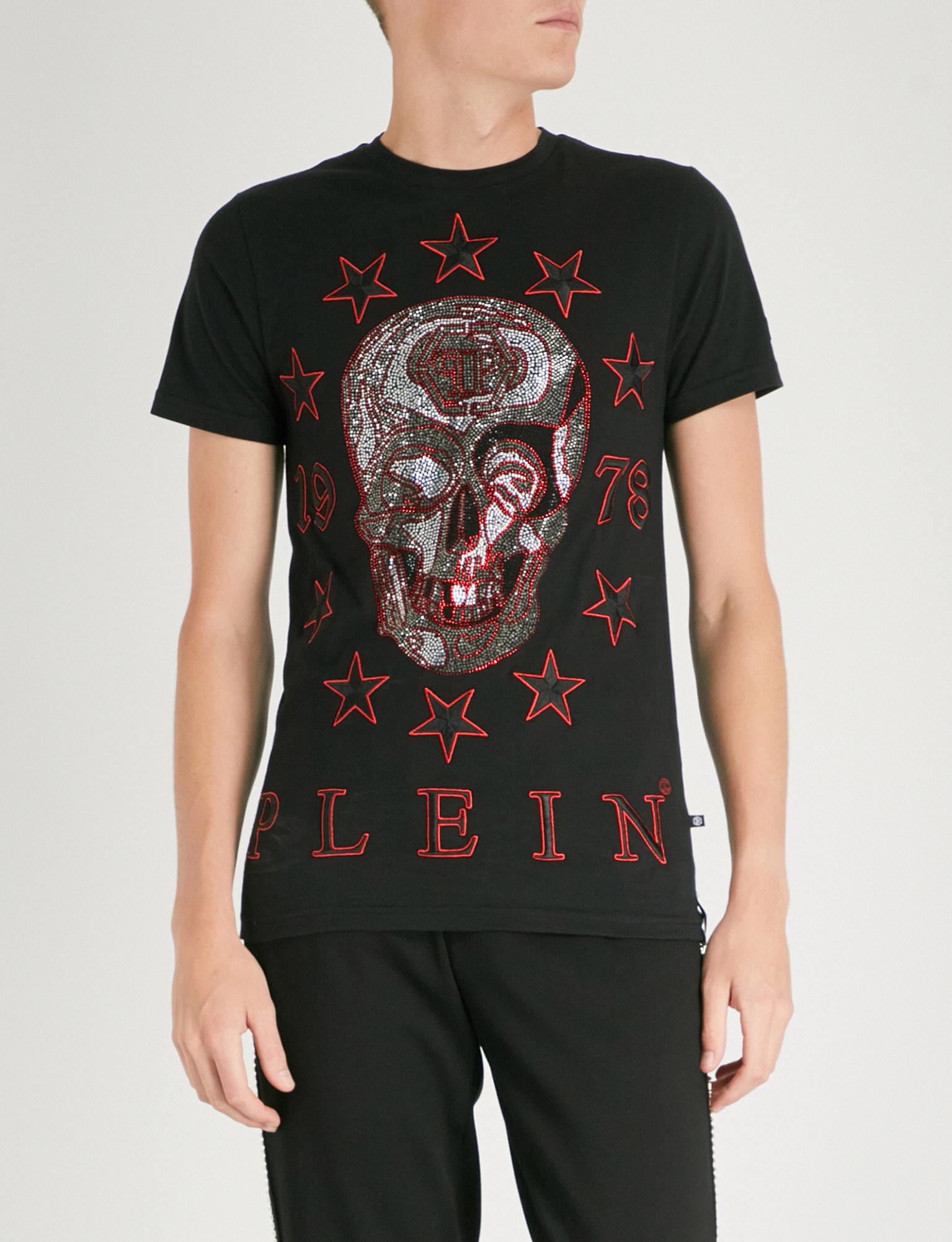 Philipp Plein Skull Embroidered Bead-embellished Cotton-jersey T-shirt ...