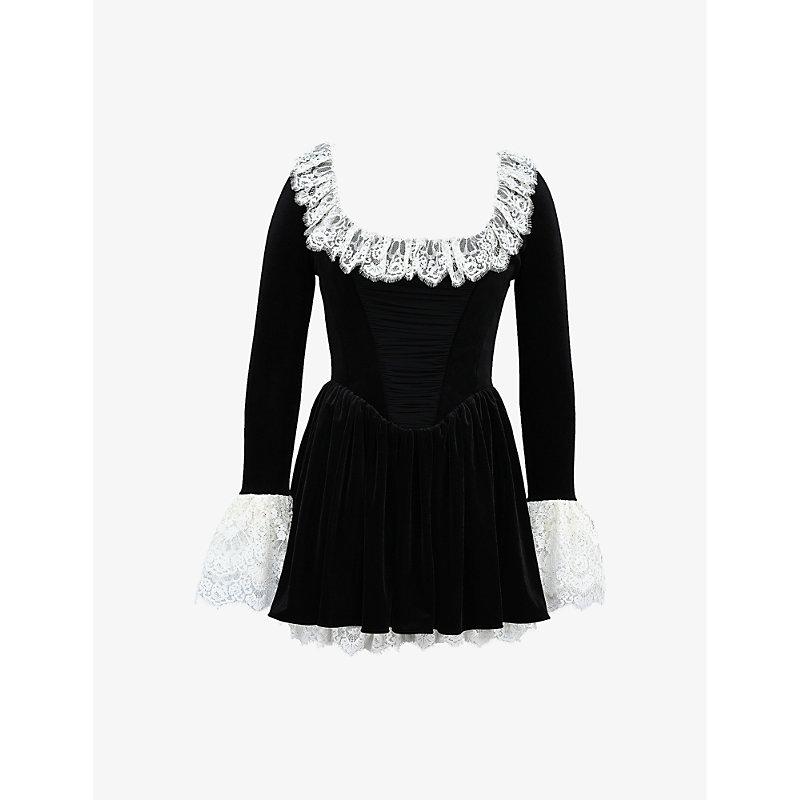 black velvet dress with white lace Black Velvet Lace Maxi Dress – self-portrait-US main image 1