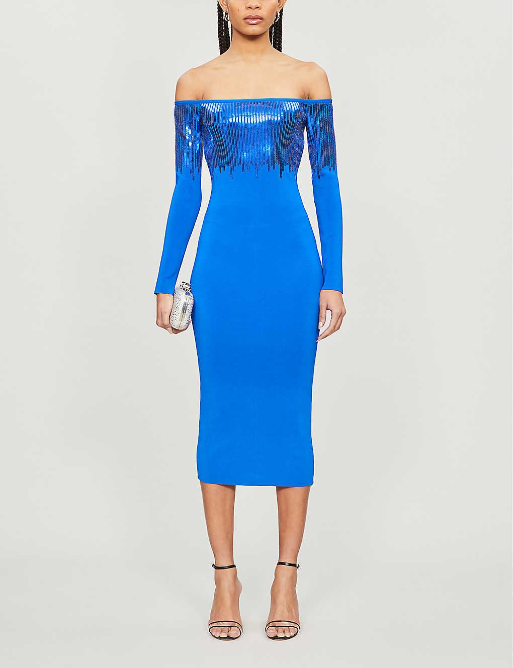 David Koma Blue Off-the-shoulder Sequin-embellished Knitted Midi Dress