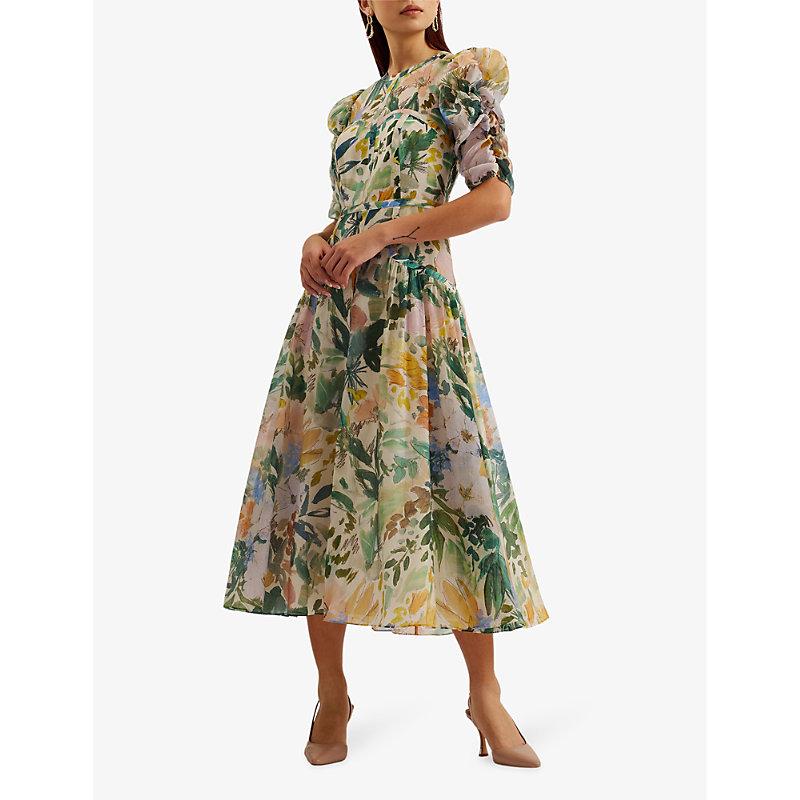 green floral ted baker dress Mincia Floral-print Puff-sleeve Woven Midi in The dress is crafted