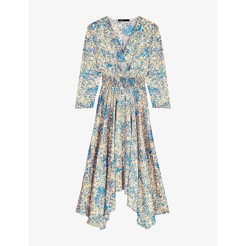 Maje Abstract-print Satin Midi Dress in Blue | Lyst