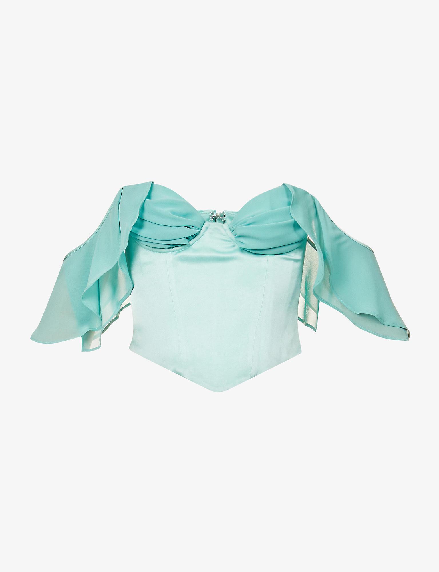 House Of Cb Isabella Ruffle-sleeve Satin Corset Top in Blue | Lyst