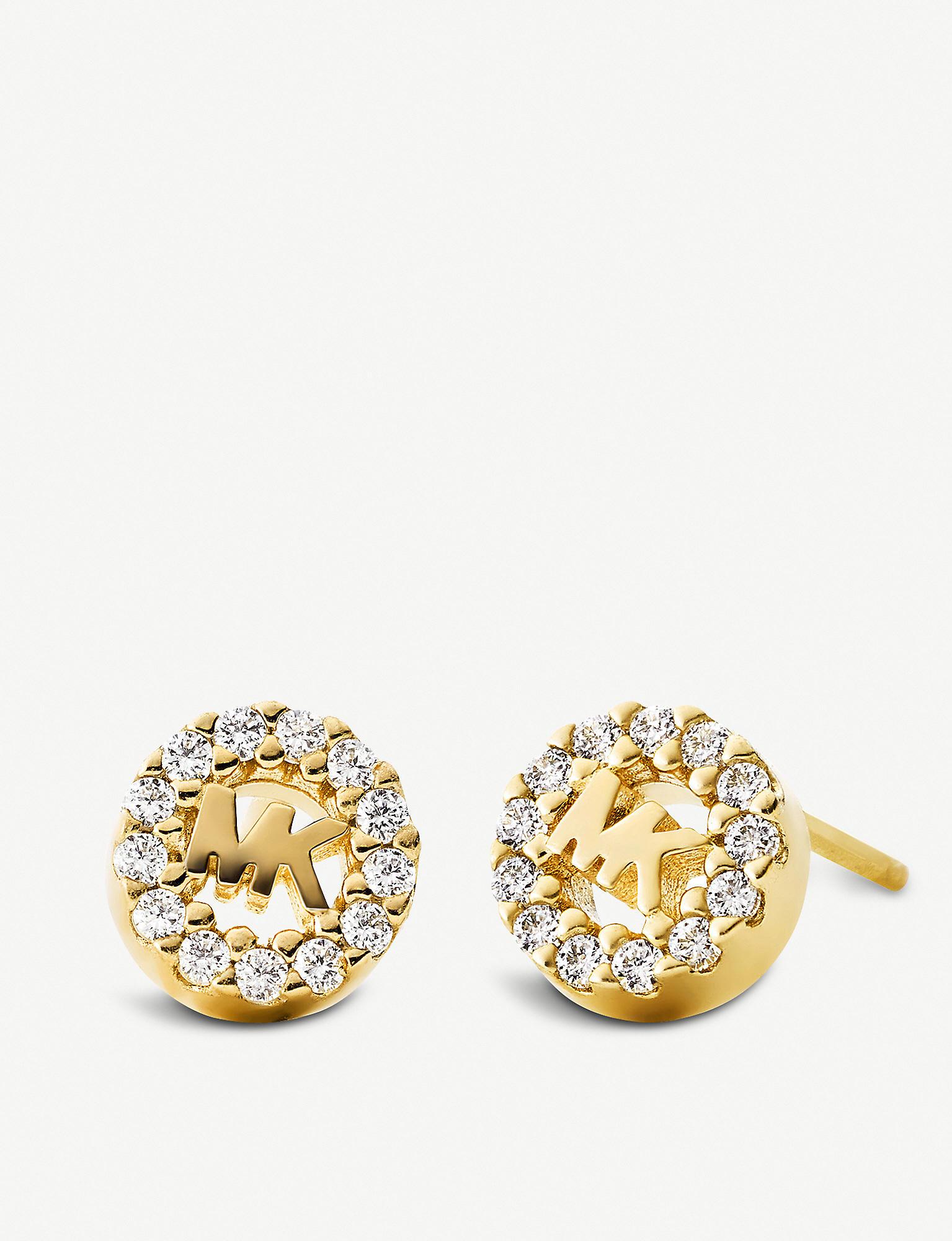 Michael Kors Round Monogram Paveembellished Yellow Goldplated Stud