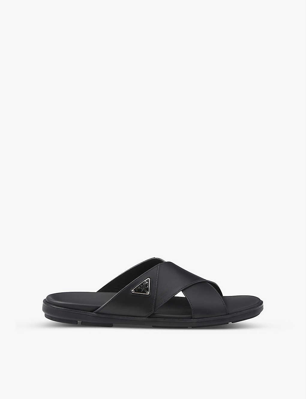 Prada Brand Plaque Criss Cross Leather Slides in Black for Men Lyst UK