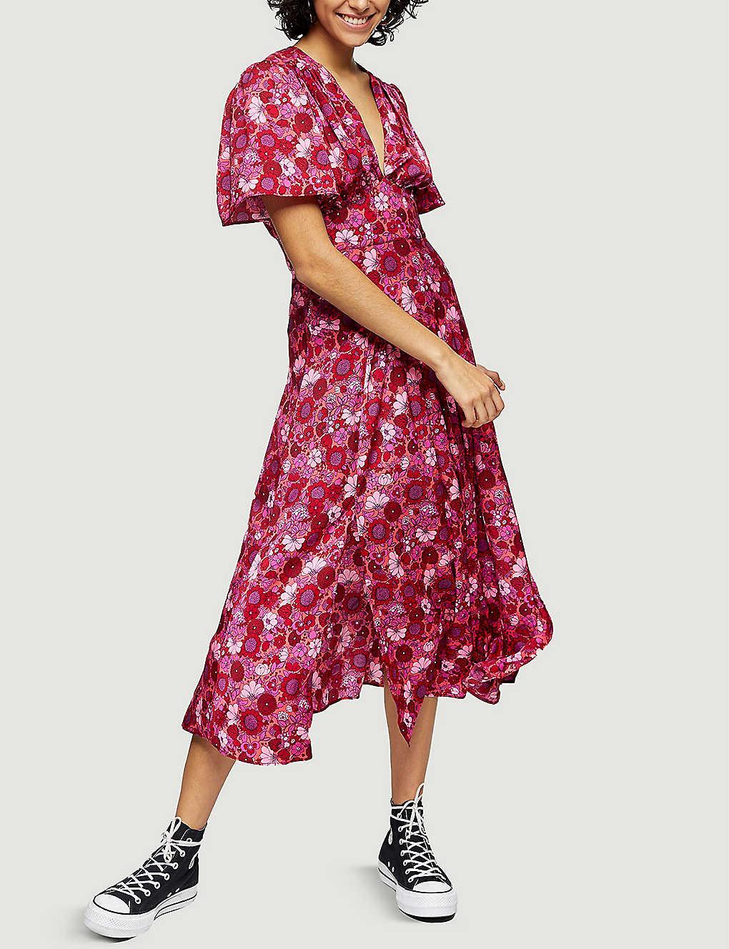 TOPSHOP Willow Pink Floral Print Angel Sleeve Midi Dress in Red | Lyst  Canada