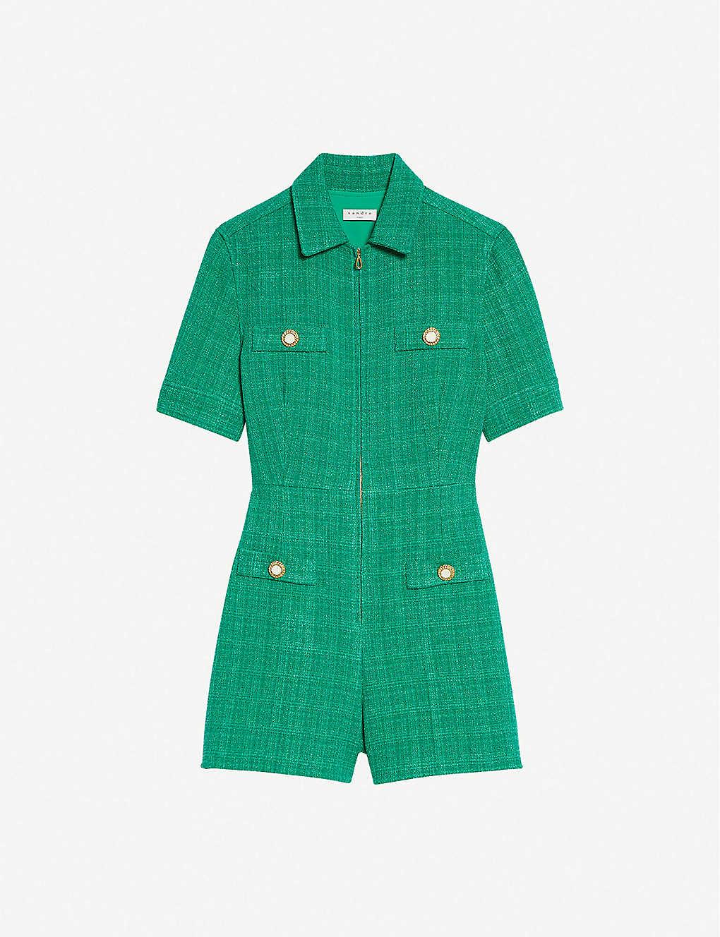 Sandro Jacky Zipped Tweed Playsuit in Green | Lyst