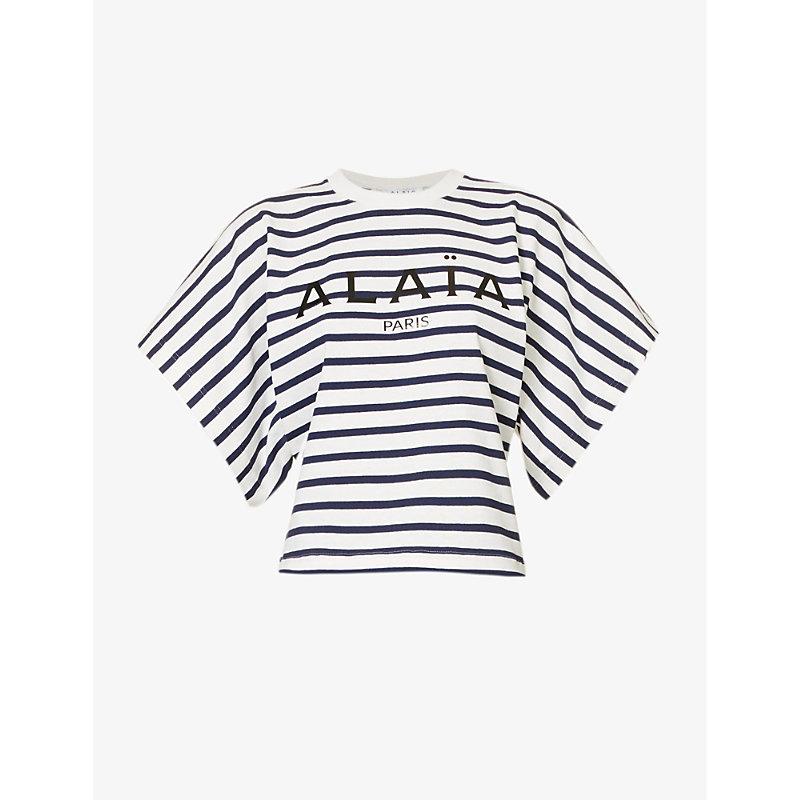 Alaïa Logo-print Striped Cotton-jersey T-shirt in White | Lyst