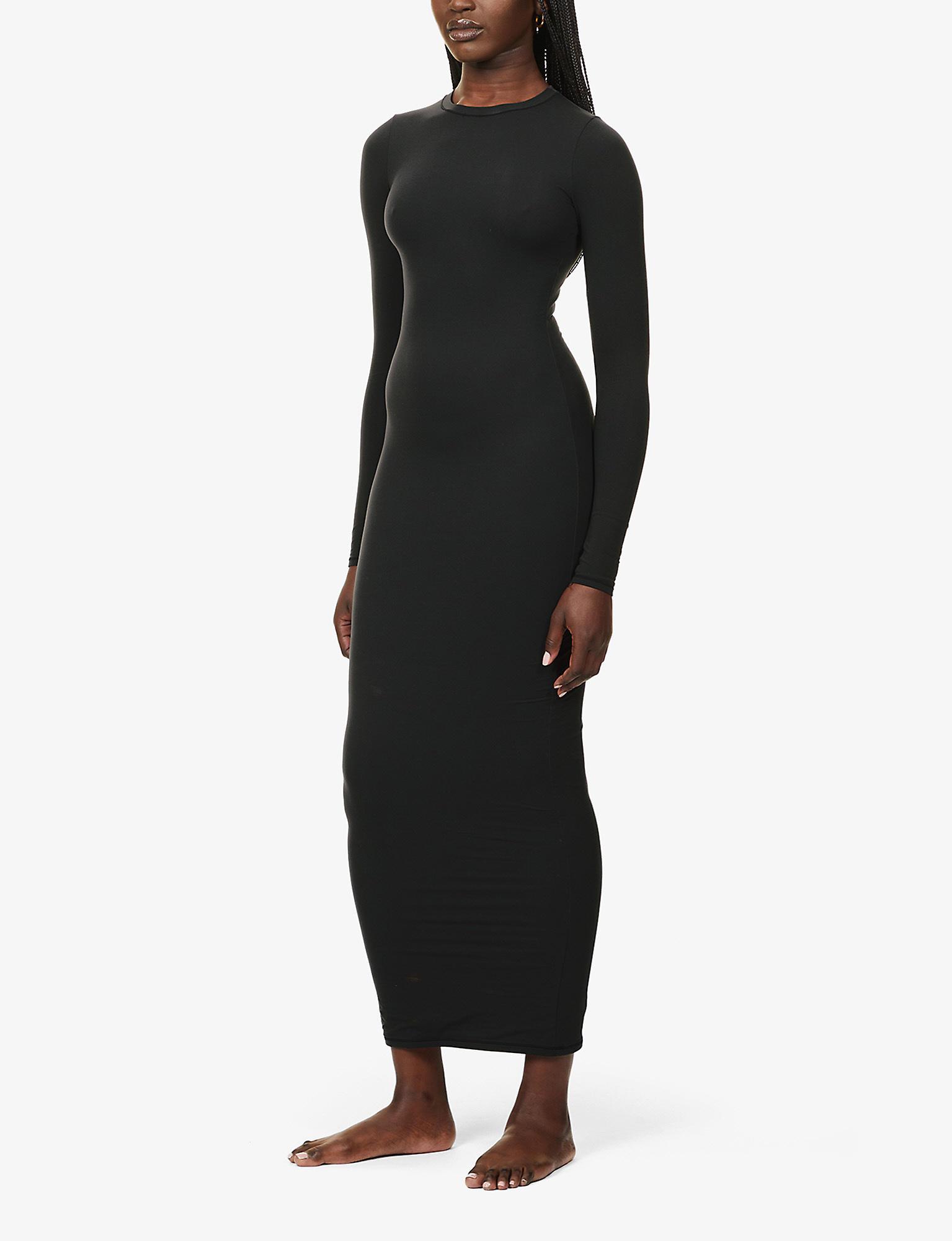 Skims Fits Everybody Long-sleeve Stretch-jersey Maxi Dress in Black | Lyst