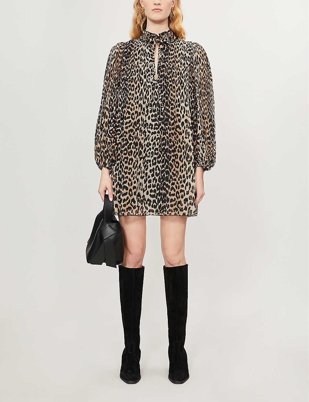 Ganni Georgette Leopard-print Woven Mini Dress | Lyst