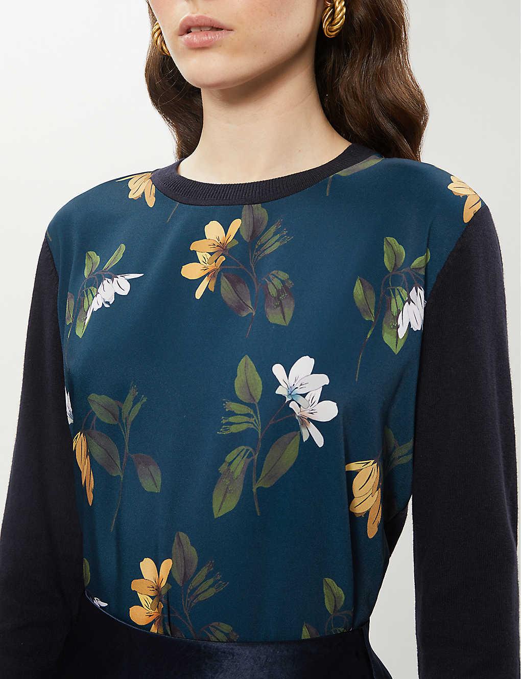 Ted Baker Emileiy Floral Cottonblend And Satin Jumper in dkBlue (Blue