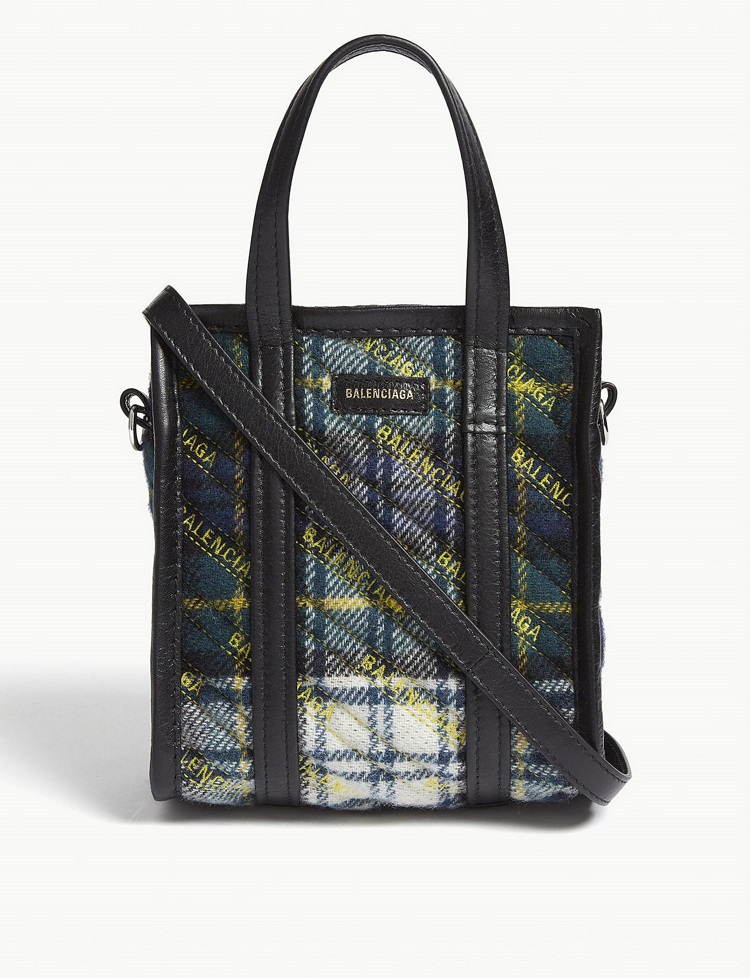 Balenciaga Green Avant Garde Bazar Xxs Leather Plaid Wool Tote - Lyst