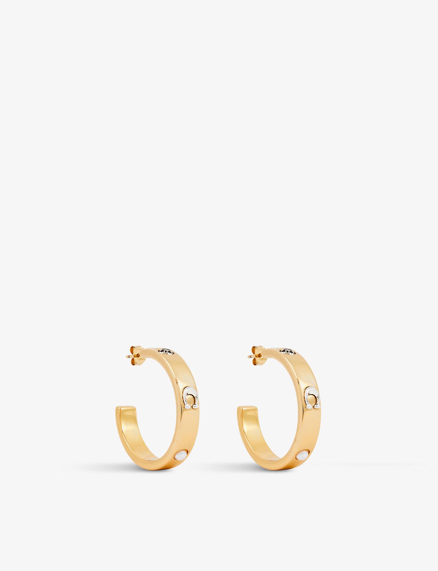 COACH Pegged Signature Yellow Gold-plated Brass Hoop Earrings in White |  Lyst UK