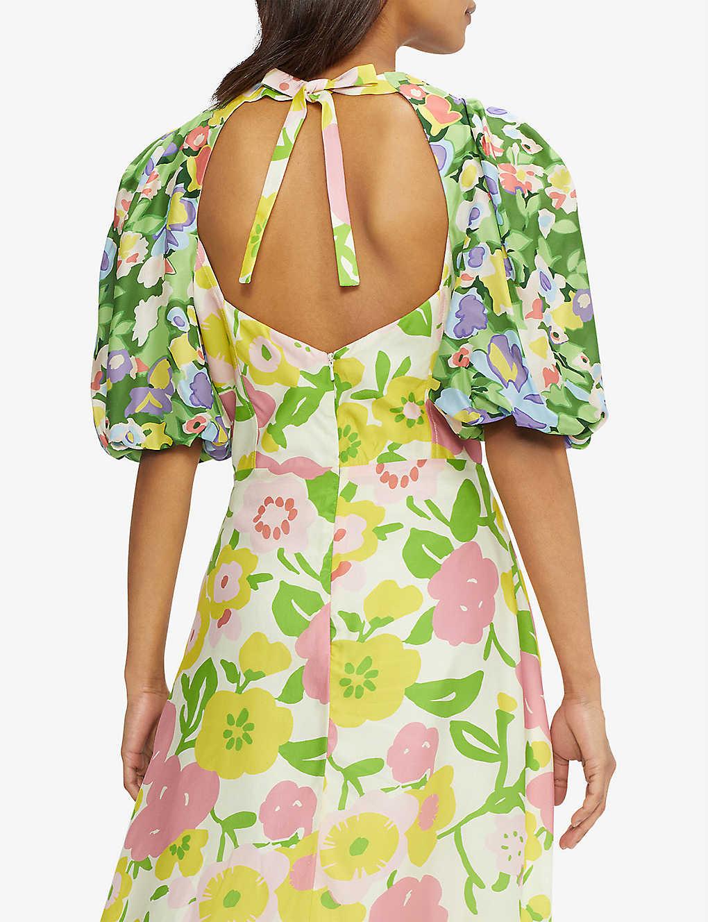 Ted Baker Jazliyn Floral-print Puff-sleeved Midi Dress in Green | Lyst