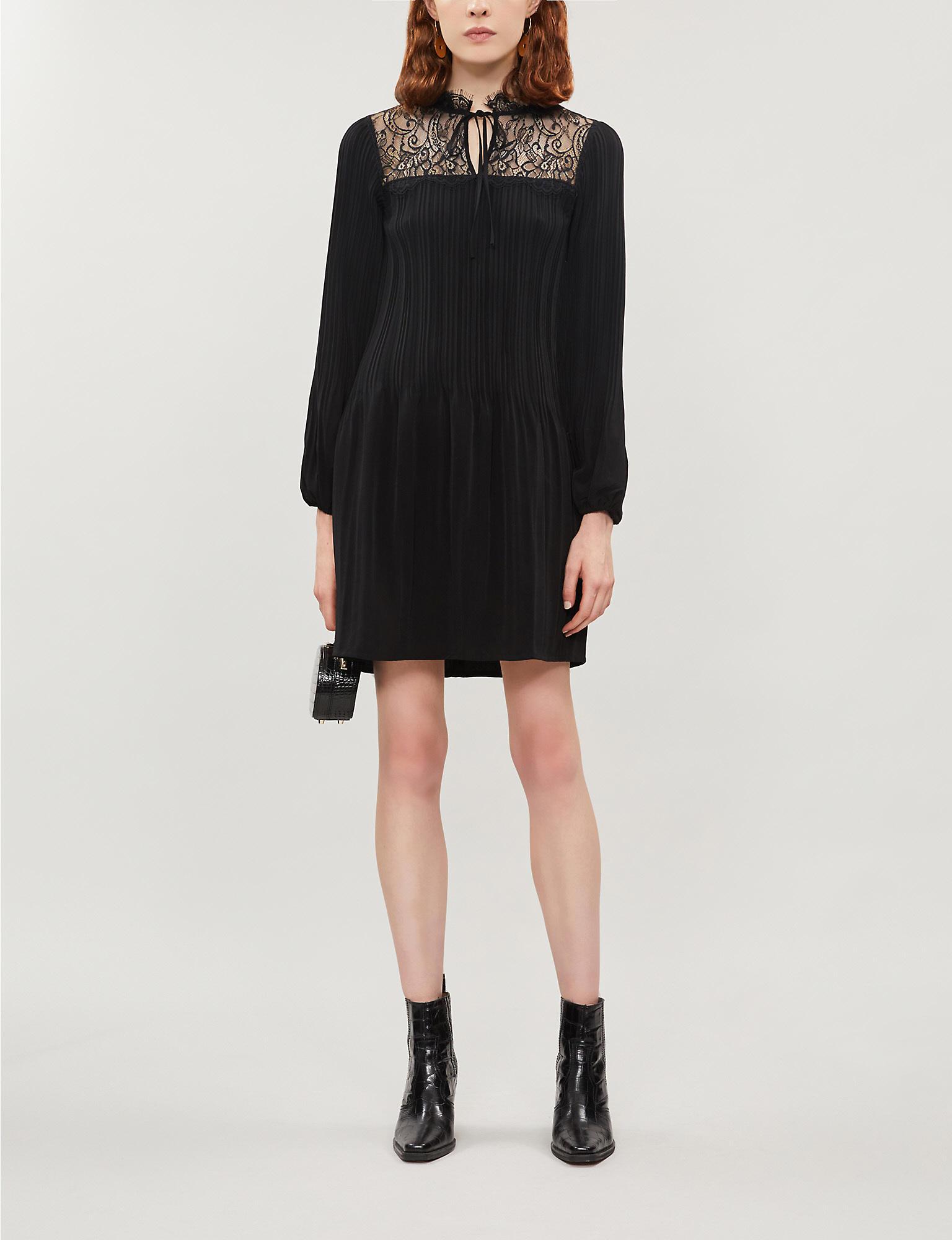 Maje Lace-panel Woven Dress in Black - Lyst