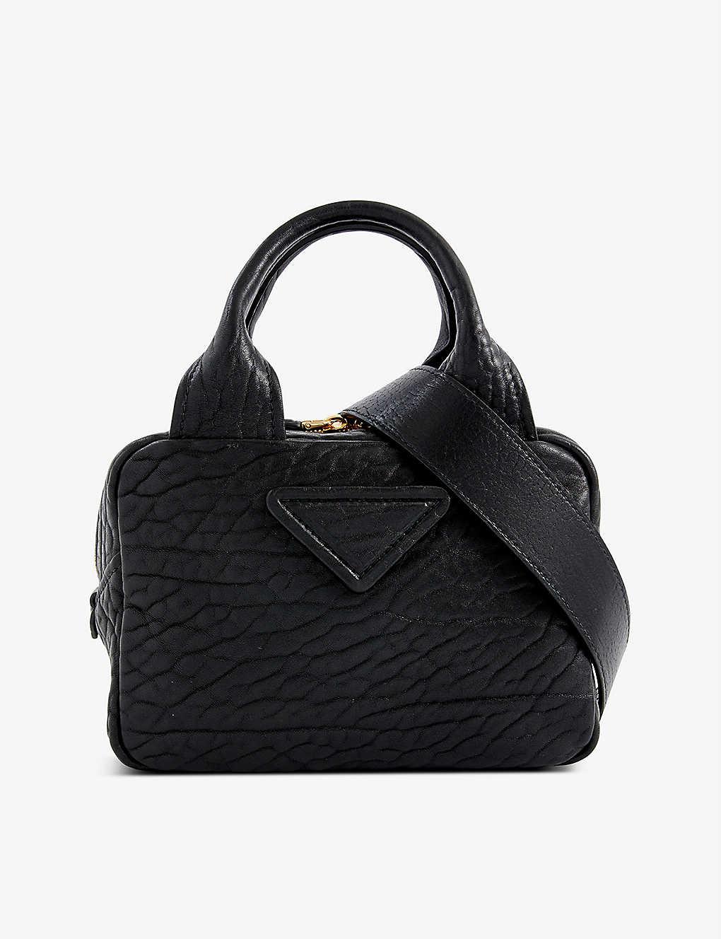 Prada Logo-plaque Grained-leather Shoulder Bag in Black | Lyst