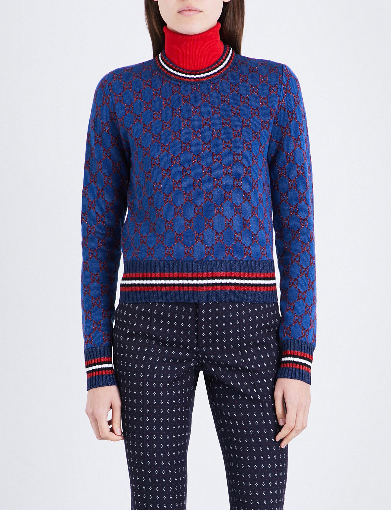 Lyst - Gucci Monogram Metallic-knit Wool And Silk-blend Jumper in Blue