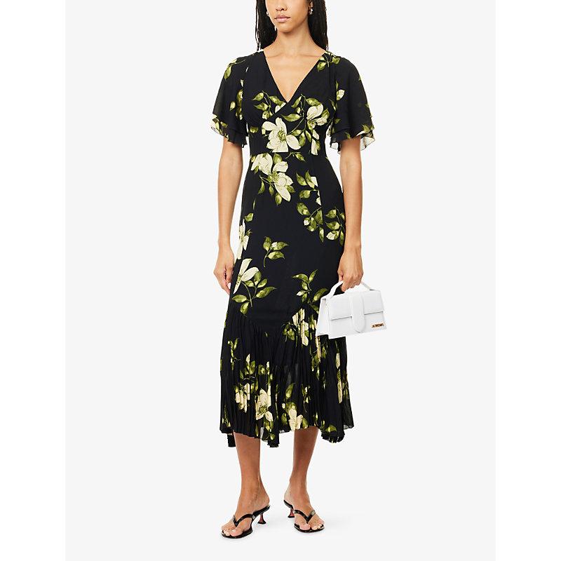reformation clarisse short-sleeve floral silk midi dress Reformation Clarisse Floral Silk Dress - Green