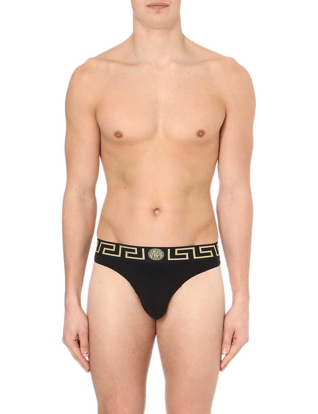 Versace Iconic Slim-fit Stretch-cotton Thong in Black for Men
