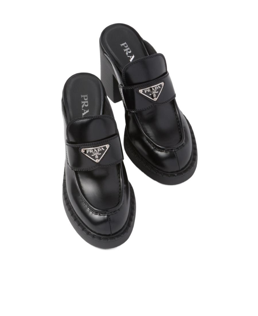 サンダル・ミュール PRADA | Chocolate high-heeled brushed leather loafers Prada Chocolate High-Heeled 85mm Loafers Black Brushed